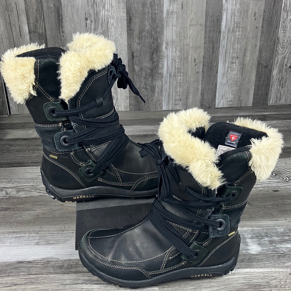 Merrell Womens Black Leather Primaloft Insulated Snow Boots J55884 Size 7